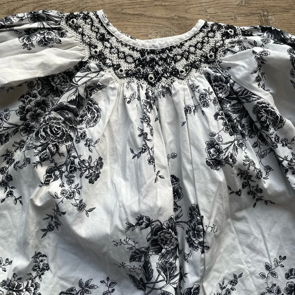 Rare Editions Black White Floral Smocked Long Sleeve Dress Vintage Cottagecore